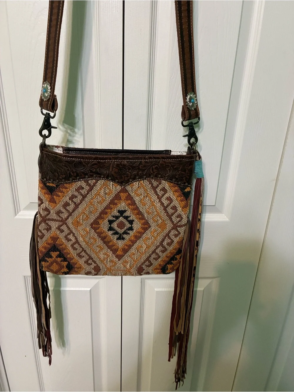 🌟Myra Bag Brown and Tan Southwestern Tapestry Crossbody with Fringe